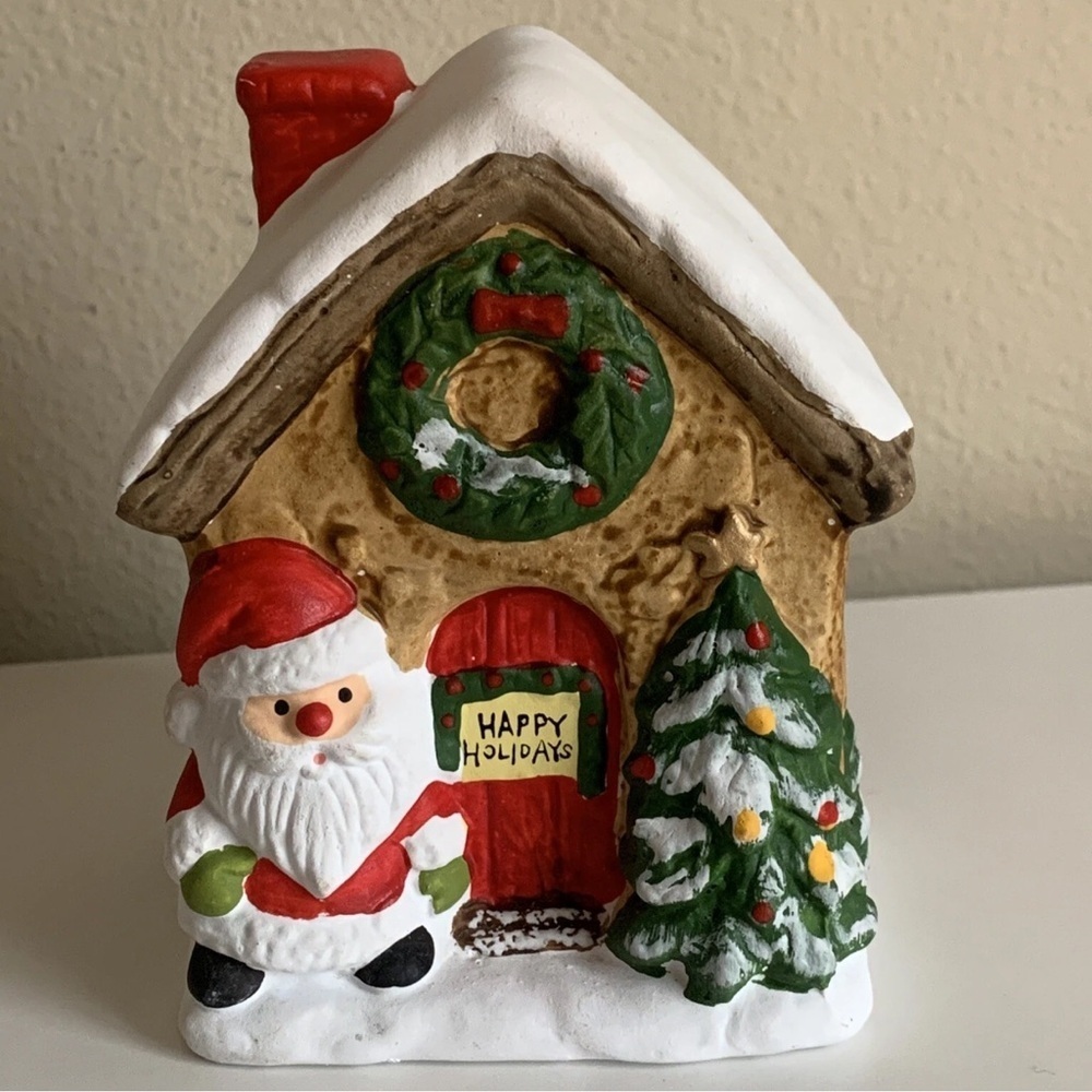 Vintage 1978 Enesco Christmas Santa House Savings Bank Hand Painted Ceramic 5"